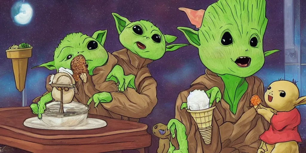 Image similar to Groot and baby Yoda eating an ice cream while watching Pikachu dance, very detailed picture, very detailed and beautiful lighting