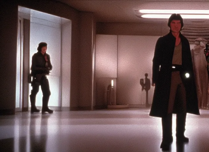 Prompt: screenshot of Han Solo standing next to Princess Leia Organa kiss, alone, pensive, iconic scene from 1970s Star Wars film directed by Stanley Kubrick, in a sci fi nursing home architecture, last jedi, 4k HD, cinematic still frame, photoreal, beautiful portraits, moody lighting, stunning cinematography, anamorphic lenses, kodak color film stock