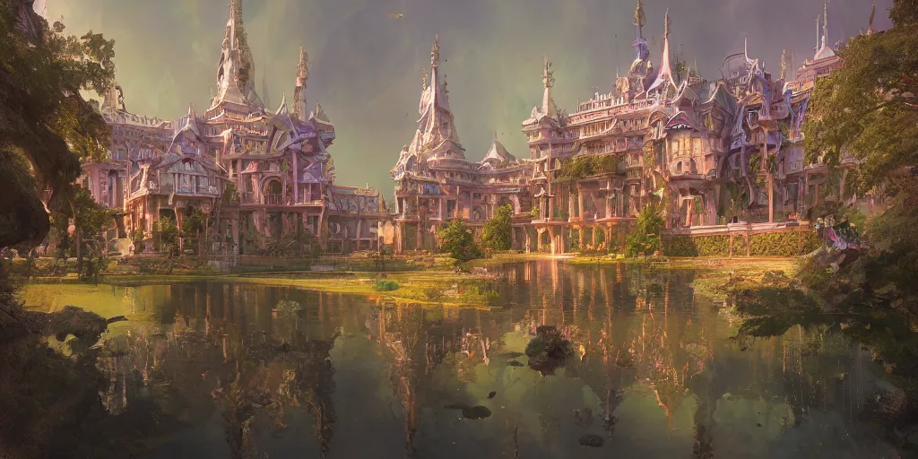 Image similar to fantasy royal palace near the lake, lilac bashes, Art Nouveau architecture, art by Finnian MacManus , Marc Simonetti, Thomas Scholes, Peter Mohrbacher, volumetric lighting style, highly detailed, intricate, artstation, digital paining, matte painting, 8K