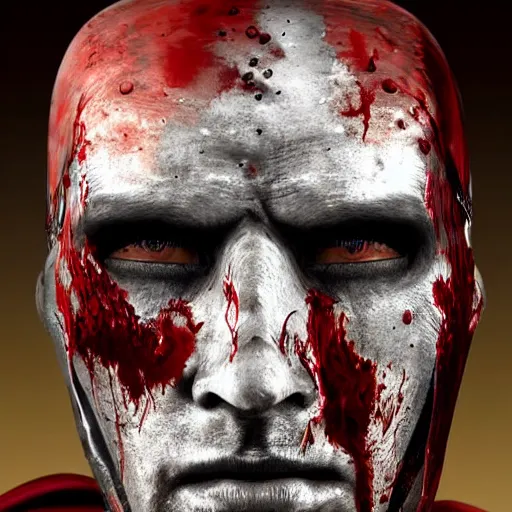 Image similar to headshot of a 5 0 year old soldier vertical grooves on the ridge of his nose, angular eyebrows, blood - spattered glossy sleek white dinged scuffed armor and a long torn red cape, heroic posture, battle - weary, strained expression, determined expression, no helmet, on the surface of mars, dramatic lighting, cinematic, sci - fi, hyperrealistic, detailed