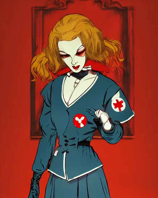 Image similar to beautiful female vampire nurse, symmetrical face, evil grin, nurse outfit, cinematic, dramatic, super detailed and intricate, 4 k render, by koson ohara, by darwyn cooke, by satoshi kon