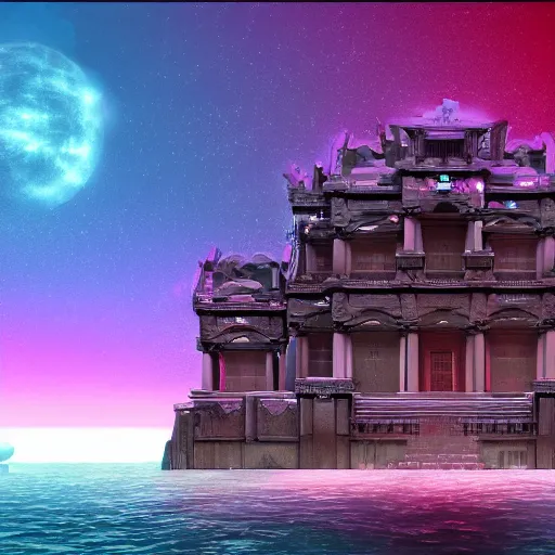 Prompt: ancient palace floating in the space, retrowave epic art, trending on art station