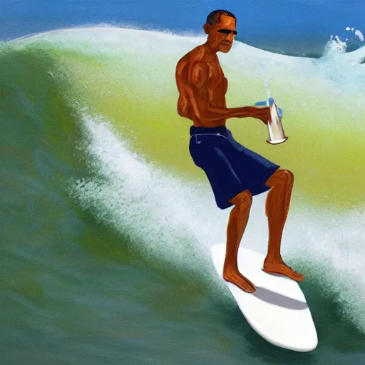 Prompt: obama surfing in rough surf holding a margarita, sharp focus, intricate details, highly detailed, realistic