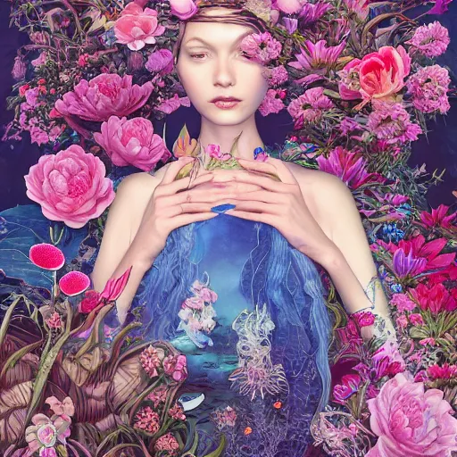 Prompt: pretty model with botanical and water lilies : : by martine johanna and simon stalenhag and chie yoshii and casey weldon and wlop : : ornate, dynamic, particulate, rich colors, intricate, elegant, highly detailed, vogue, harper's bazaar art, fashion magazine, smooth, sharp focus, 8 k, octane render