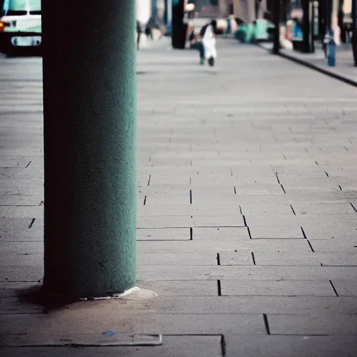 Image similar to 4x5 styled street photography, interesting composition, 35mm lens, pastel colours, grainy, bokeh, depth of field, dreamy, rule of thirds