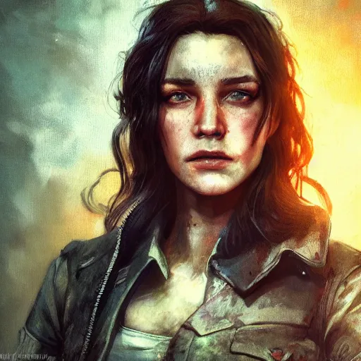 Image similar to fallout 5, charismatic beautiful rugged brunette female protagonist, portrait, indoor setting, rim light, atmospheric lighting, painted, intricate, volumetric lighting, beautiful, daytime, sunny weather, slight overcast, sharp focus, deep colours, ultra detailed, by leesha hannigan, ross tran, thierry doizon, kai carpenter, ignacio fernandez rios