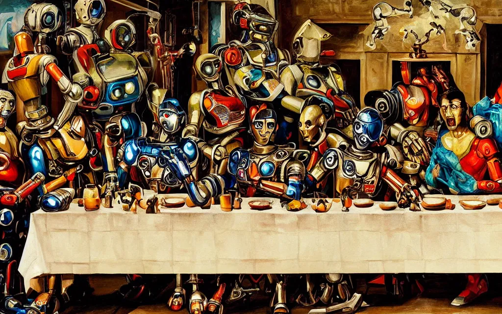 Prompt: last supper painting of various robots, cyborgs and androids