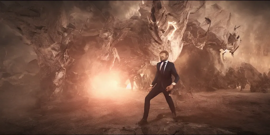 Image similar to emmanuel macron fighting demons all alone, natural lighting, realistic, cinematic, close shot, stolen footage, octane render