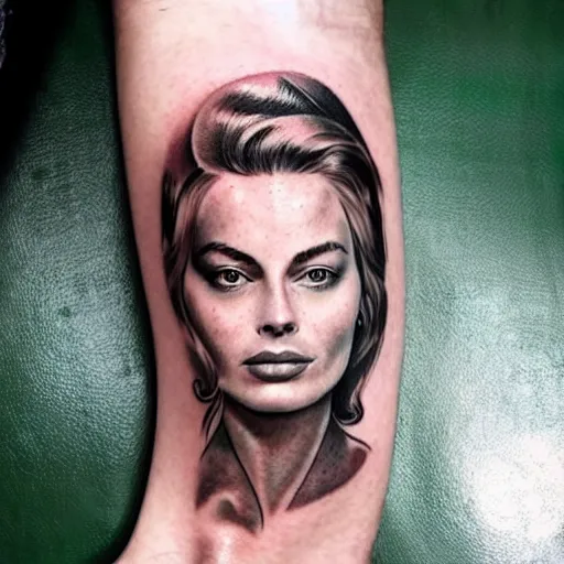 Prompt: realism tattoo design of margot robbie and nature mash up, in the style of arlo dicristina, amazing detail, face morph