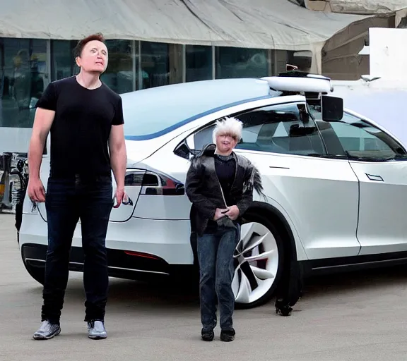 Prompt: elon musk dressed like a skunk, closeup detailed, tesla car, studio photo