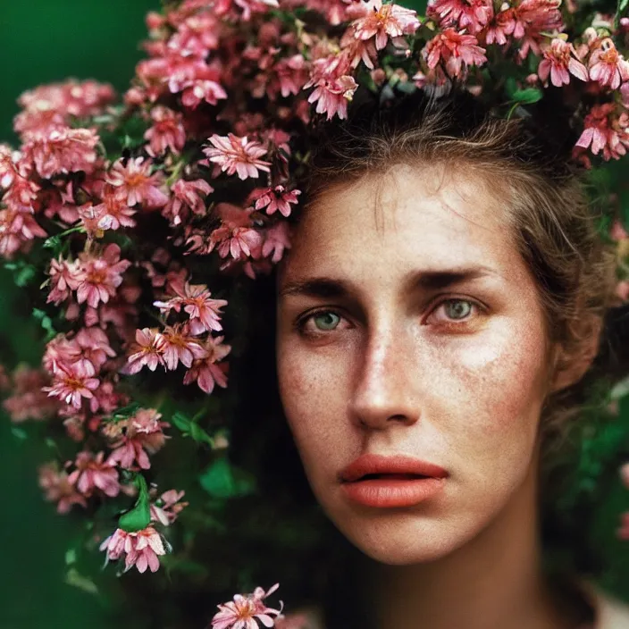 Prompt: closeup portrait of a woman with flowers growing out of her face, by Annie Leibovitz and Steve McCurry, natural light, detailed face, CANON Eos C300, ƒ1.8, 35mm, 8K, medium-format print