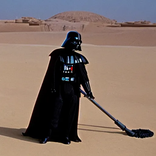 Image similar to darth vader vacuuming the sand in tatooine