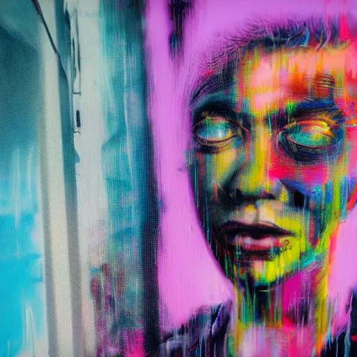 Image similar to amy in - house, rain like a dream, oil painting, cyberpunk, basquiat + francis bacon, elevated street art, fantasy lut, pink, blue, purple, green,