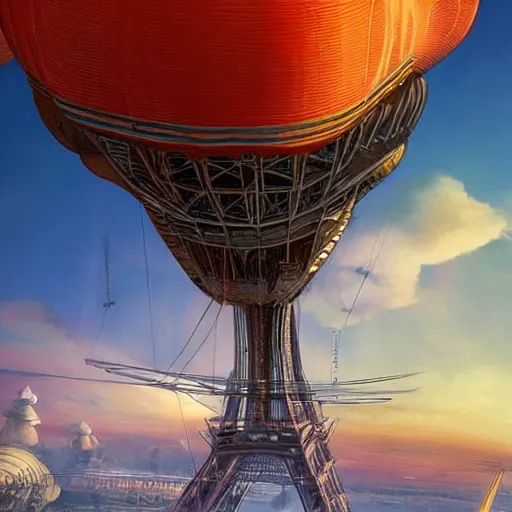 Prompt: kirov airship, with dramatic lighting, in the style of Moebius, dirigible, airship, blimp, t hyperrealism photography of Eiffer Tower covered with colorful mushrooms, cgi detailed, dramatic lighting, cgsociety, in style of photorealism artist, cinematic shot