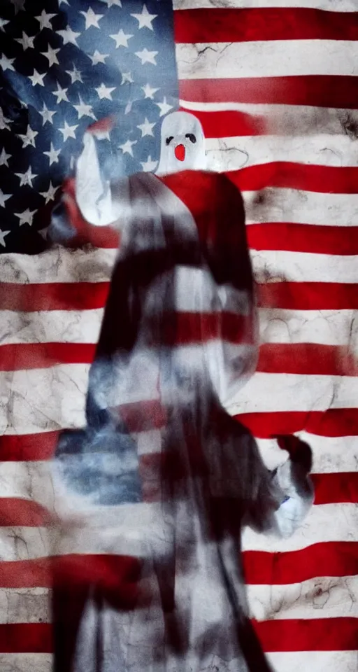 Image similar to ghost emerging from a politician, american flag, jesus christ crying in the background, lomo