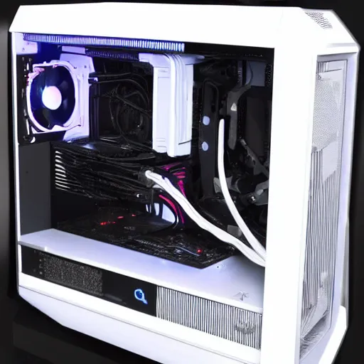 Image similar to futuristic!!! gaming pc with white lighting and a white case, hd photograph, highly detailed, intricate