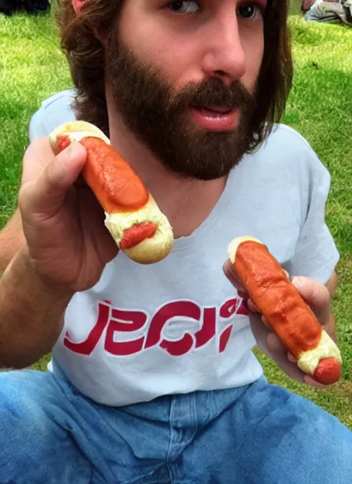 Prompt: jesus holding a hotdog