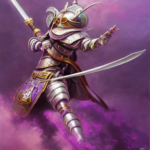 Prompt: reaching for a purple crystal, armored mouse sword warrior, trending on Artstation, award winning, Oil Painting, 8k scan
