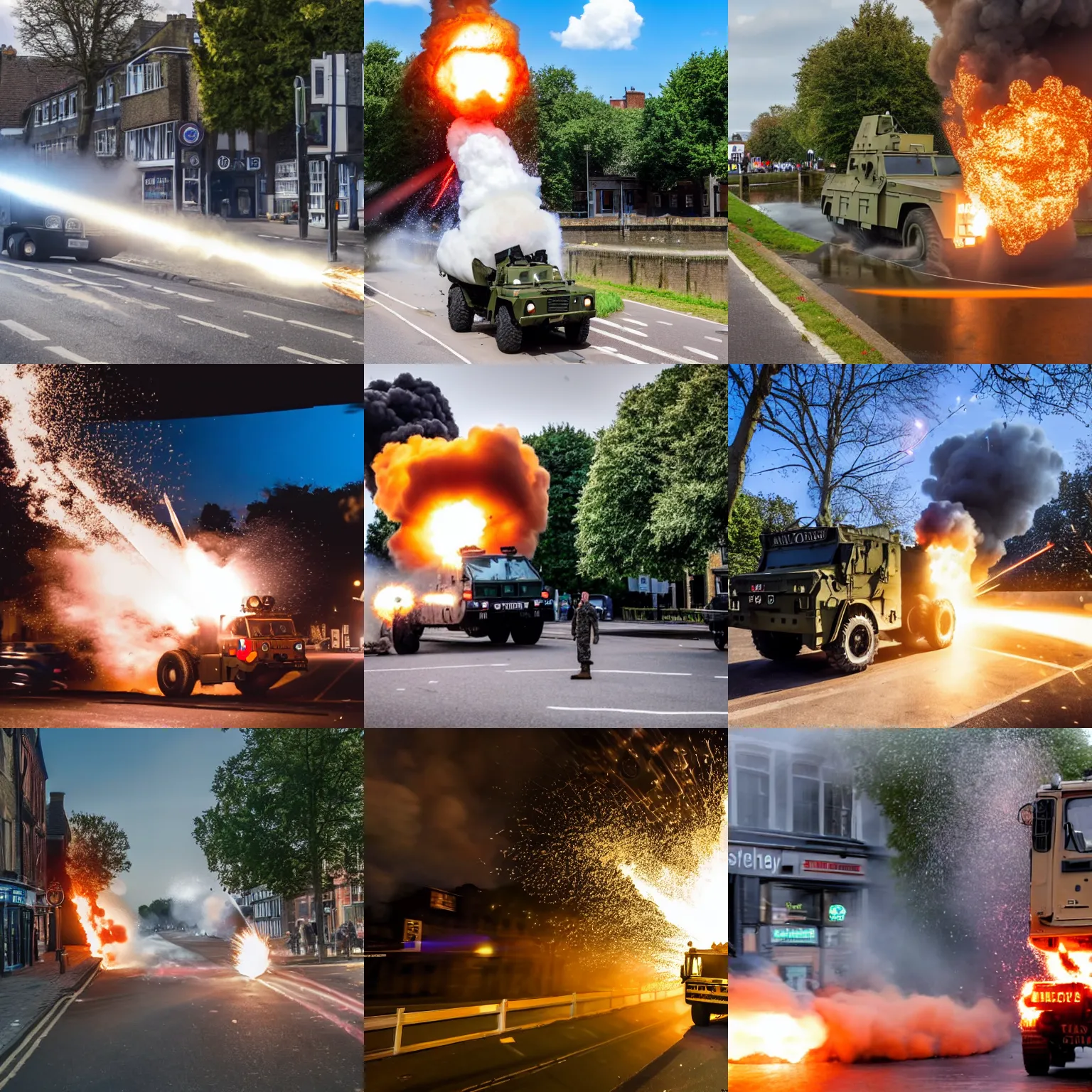 Prompt: a military vehicle exploding, about to be hit by a rocket, river stour, canterbury high street, a stock photo by peter snow, shutterstock contest winner, video art, wide lens, anamorphic lens flare, stock photo
