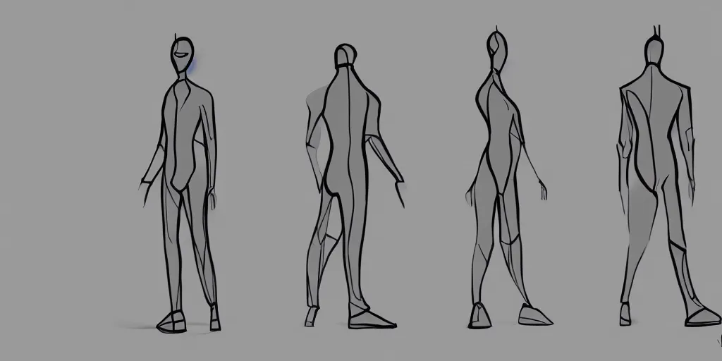 Image similar to male, elongated figure, space suit, minimalist sketch, large shoulders, short torso, long thin legs, tiny feet, character sheet, very stylized, concept design