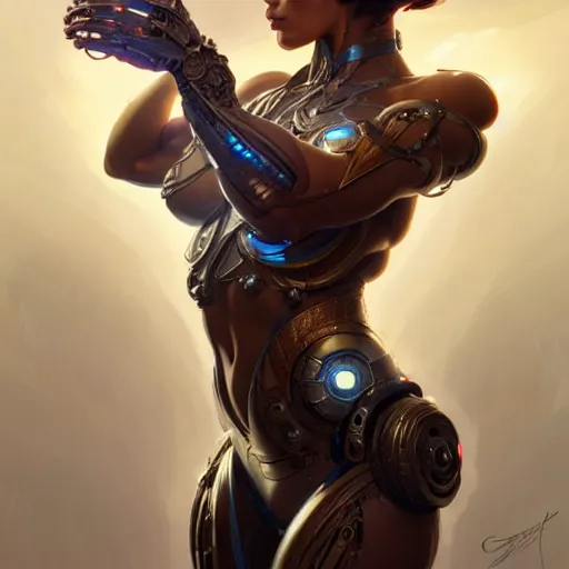 Prompt: cyborg, muscular upper body, D&D, fantasy, intricate, elegant, highly detailed, digital painting, artstation, concept art, smooth, sharp focus, illustration, art by artgerm and greg rutkowski and alphonse mucha