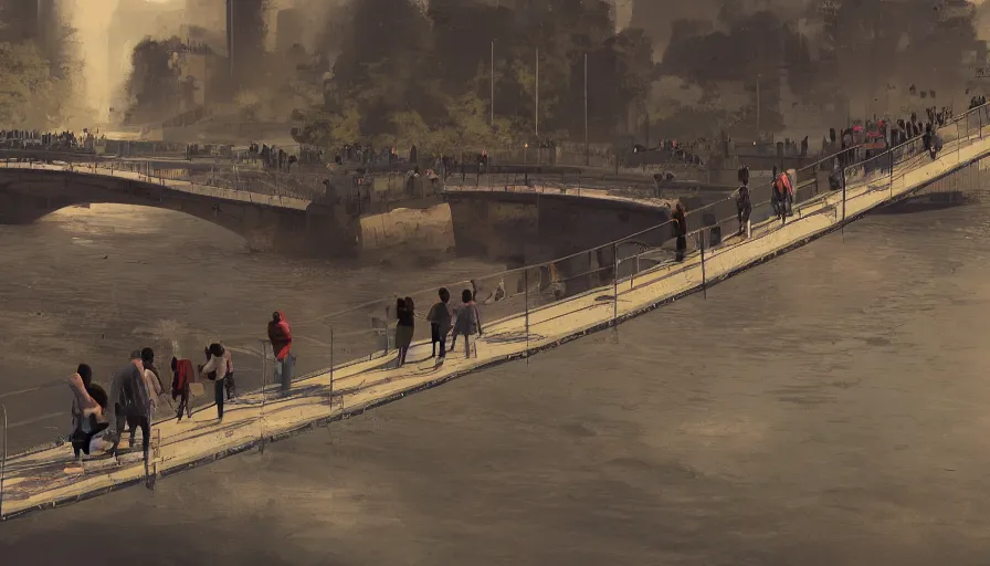 Image similar to people on a bridge watching tsunami coming to them, hyperdetailed, artstation, cgsociety, 8 k