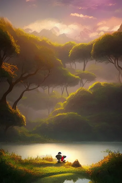 Image similar to beautiful matte painting by goro fujita whimsical art fantasy path mountains and meadow in the background near a lake reflecting the trees, atmospheric lighting, painted, intricate, volumetric lighting, beautiful, rich deep colors masterpiece, sharp focus, ultra detailed by