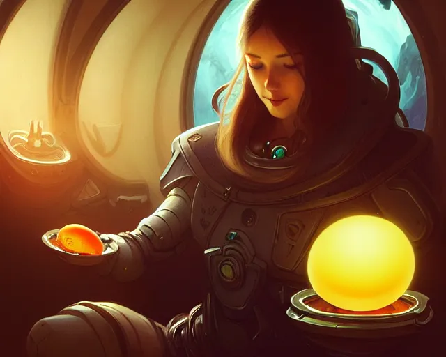 Image similar to a person with a fried egg as a head, inside a spaceship, deep focus, d & d, sci - fy, intricate, elegant, highly detailed, digital painting, artstation, concept art, matte, sharp focus, illustration, hearthstone, art by artgerm and greg rutkowski and alphonse mucha