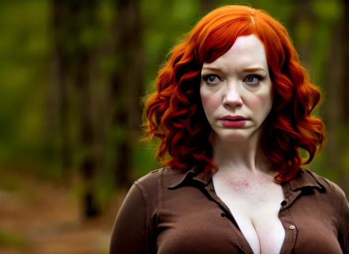 Image similar to filmstill christina hendricks the walking dead, 1 0 0 mm lens, canon eos, red cinema camera, frontal view, dynamic pose, intricate, elegant, highly detailed, centered, redshift, octane, smooth, sharp focus, zeiss lens,