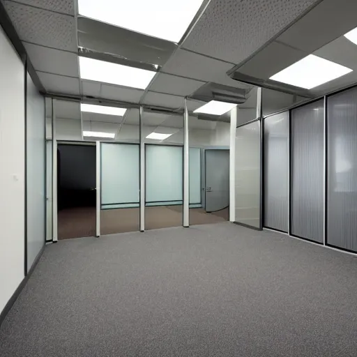 Image similar to the backrooms : an endless maze of randomly generated office rooms and other environments. it is characterized by the smell of moist carpet, walls with a monochromatic tone of dirty off - white, 1 9 8 0's style carpeted walls and buzzing fluorescent lights