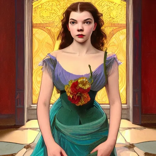 Image similar to portrait of anya taylor-joy, 8k, rich vivid colors, cinematic lighting, illustration, french noveau, alphonse mucha, artstation