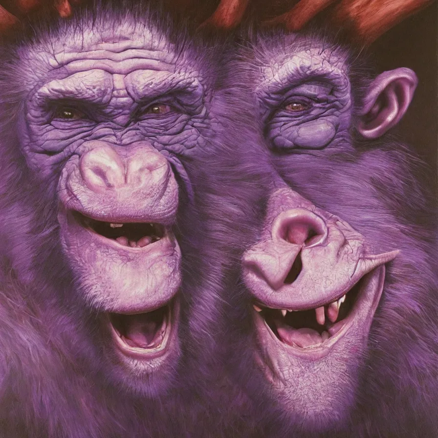 Prompt: hyper realistic painting by chuck close, studio lighting, brightly lit purple room, an ape with antlers laughing at a giant crying rabbit clown