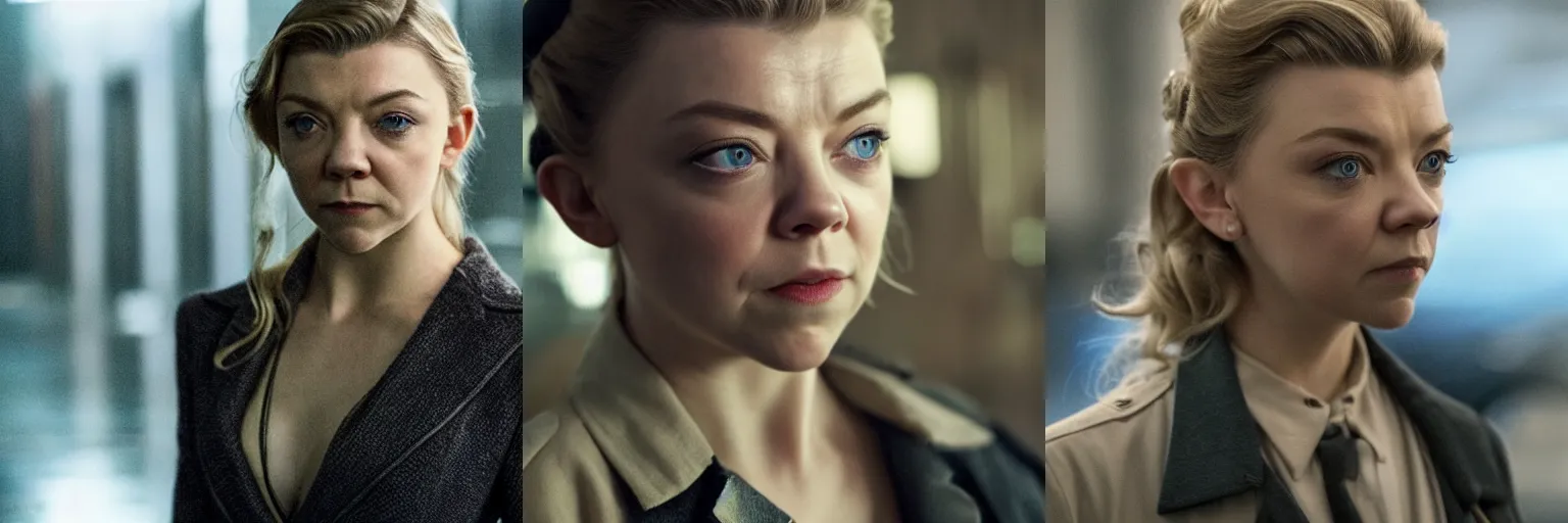 Prompt: close-up of Natalie Dormer as a detective in a movie directed by Christopher Nolan, movie still frame, promotional image, imax 70 mm footage