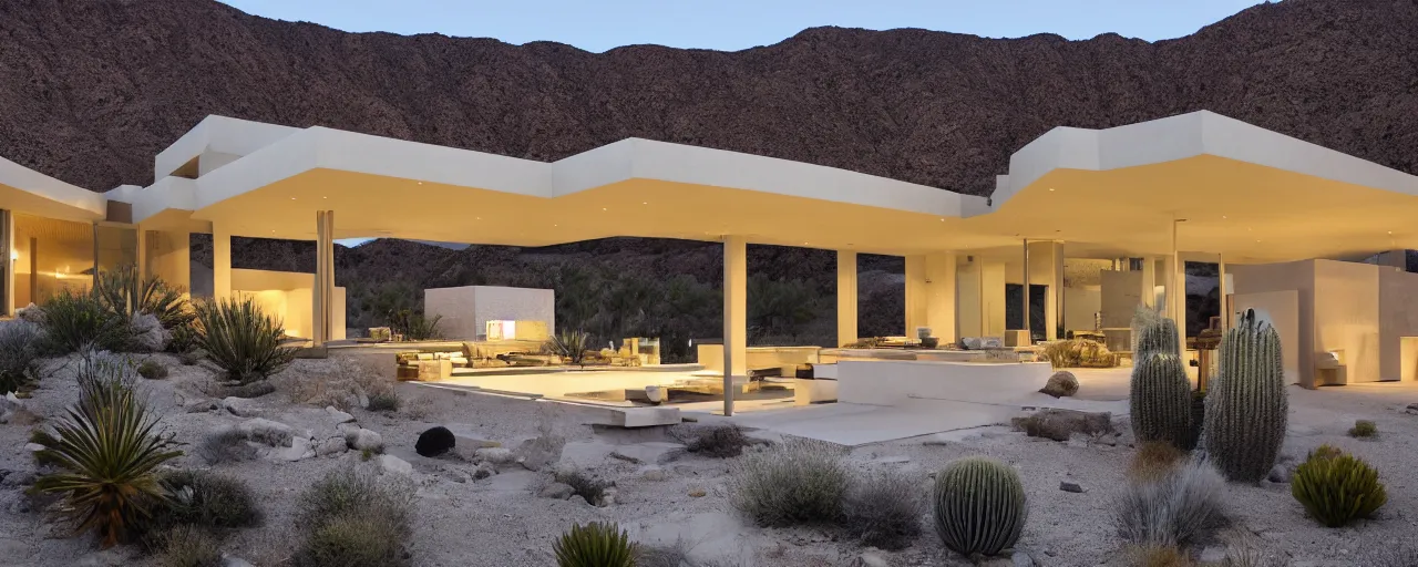 Prompt: hillside cantilevered desert pavilion on moonless night, stars, dramatic view, palm springs, white stone, serene, glass, stone, large overhangs, beautiful vistas with cacti, long illuminated pool with hot tub, rooftop deck, minimal kitchen, nesting glass doors, realistic, architectural photography