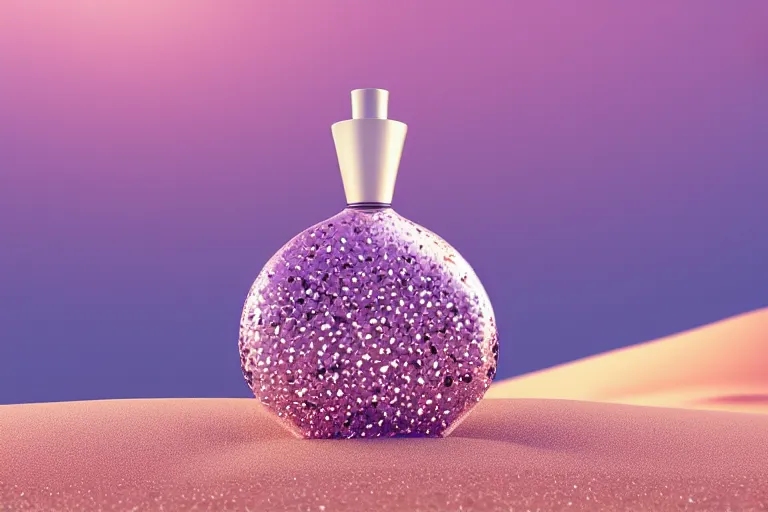 Prompt: perfume bottle buried in glittering oasis in the middle of a desert with little flowers, soft lilac skies, silky smooth, dramatic, mid day, sand dune background, large scale, wind - swept, lots of detail, realistic lighting, octane render, by wlop, artgerm, trending on artstation