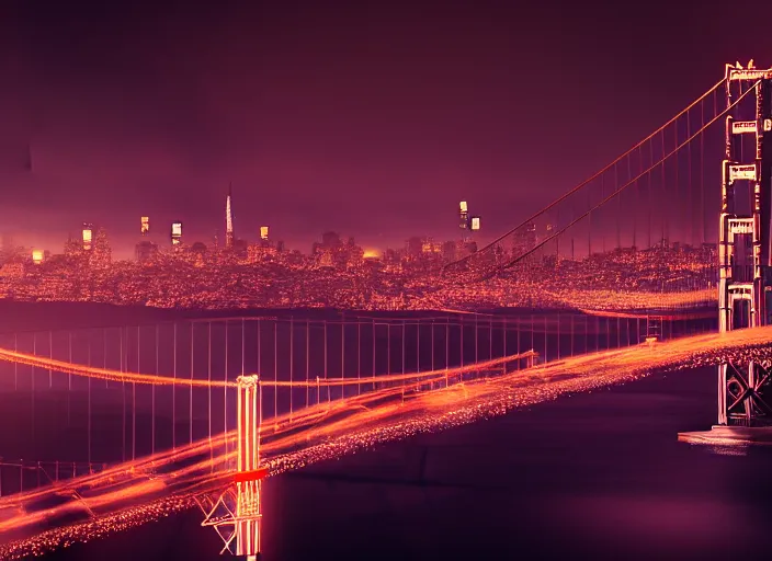 Image similar to cyberpunk scifi scene of san francisco skyline at night, golden gate bridge, artstation, matt painting, very detailed, maximalism, ambient occlusion, volumetric light, atmospheric haze, unreal engine, hyper realism, realistic shading, cinematic composition, realistic render, octane render, detailed textures, photorealistic, wide shot