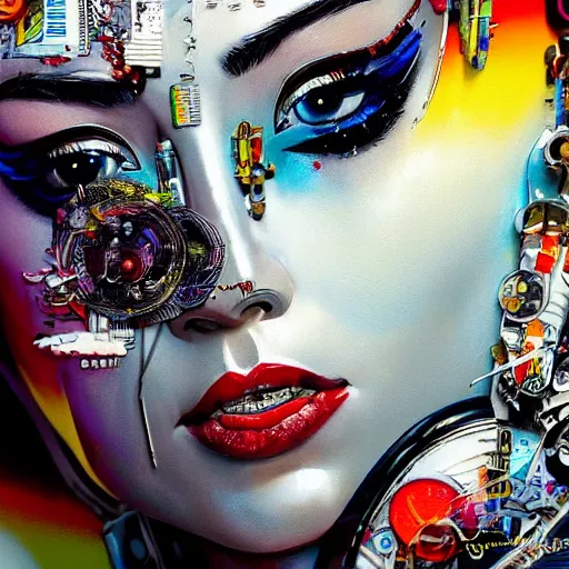 Image similar to portrait of cyborg geisha by sandra chevrier, by makoto shinkai, cybernetics, glamor shot, closeup, vivid colours, hyper realistic detailed intricate render, hypermaximalist, ornate, epic composition, sharp focus, masterpiece