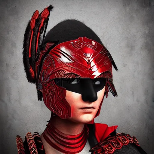 Image similar to portrait of an ancient warrior red and black theme studio photo realistic