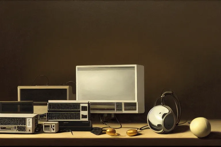 Prompt: still life painting of vintage computers by Pieter Claesz, oil on canvas, strong lighting, highly detailed, hyper realism, HD, 4K