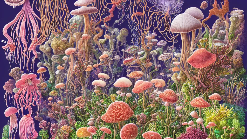 Prompt: highly detailed illustration of all the known species of plants, flowers, corals, mushrooms and jellyfish by juan gatti, by makoto shinkai, by moebius!, by oliver vernon