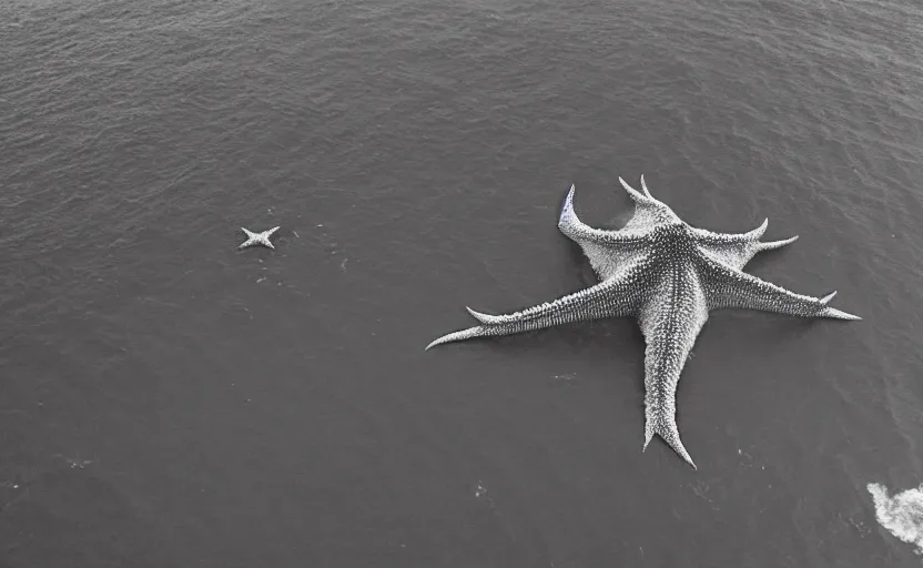 Prompt: found drone footage of a giant Kaiju monster with starfish-like arms, trampling over Pyongyang, long cast shadows, rimlight, film grain, monochrome