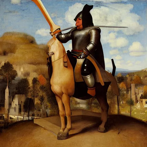 Prompt: knight with giant and too heavy sword, by camille corot, by fernando botero, by pieter bruegel the elder, painting, fine art, high contrast, divine, strong, rembrandt lighting, ray tracing global illumination, ray tracing reflections, insanely detailed and intricate, hypermaximalist, elegant, ornate, hyper realistic, super detailed