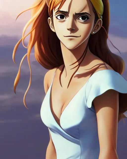 Image similar to emma watson as nami from one piece, simple cream dress, detailed perfect face, mid view, by artgerm, by studio muti, greg rutkowski makoto shinkai takashi takeuchi studio ghibli