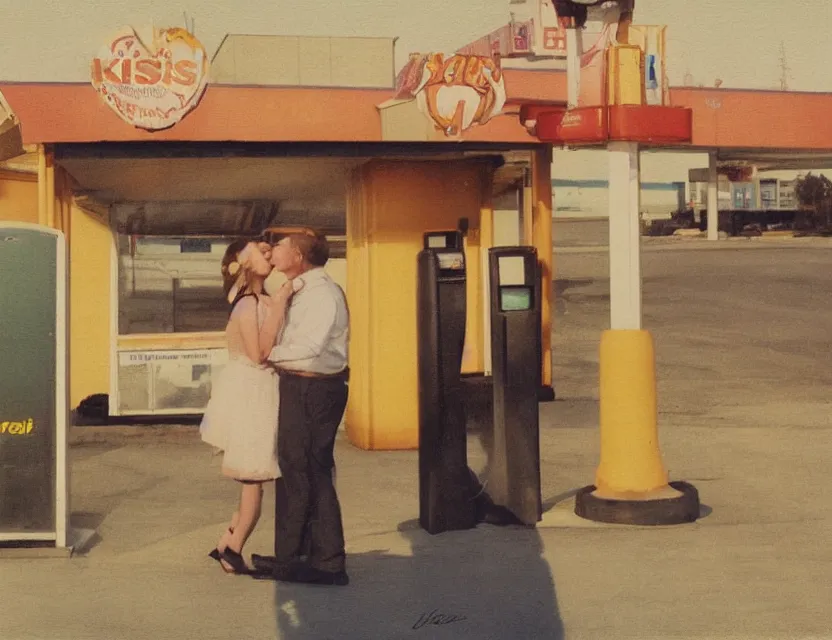 Prompt: couple on the kiss gas station near motel in the early morning, long distance photo, golden hour, bleach bypass, warm tones, beige colors, sunlight, digital 2 d, soft lights, polaroid, high - key lighting, by lisa yuskavage, by serov valentin, by krenz cushart