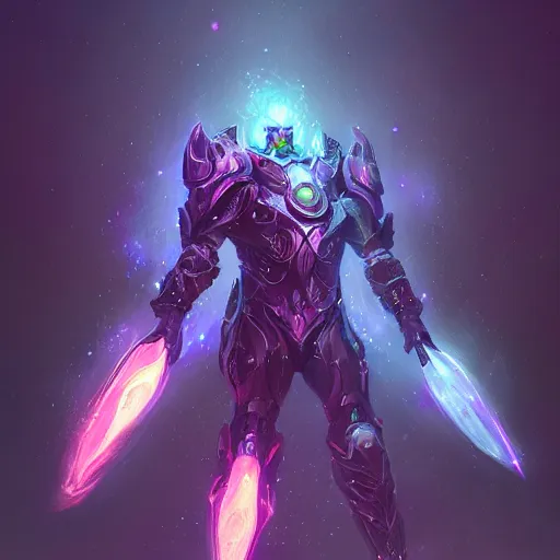 Image similar to Full Armor set made of galaxies and sci fi parts conjuring cosmic energy, surrealism, smooth, intricate, elegant, galactic energy, power aura, neon glowing spells, digital painting, artstation, concept art, high tech fantasy, sharp focus, illustration, art by Jason Chan and Riot Studios and Blizzard Studios