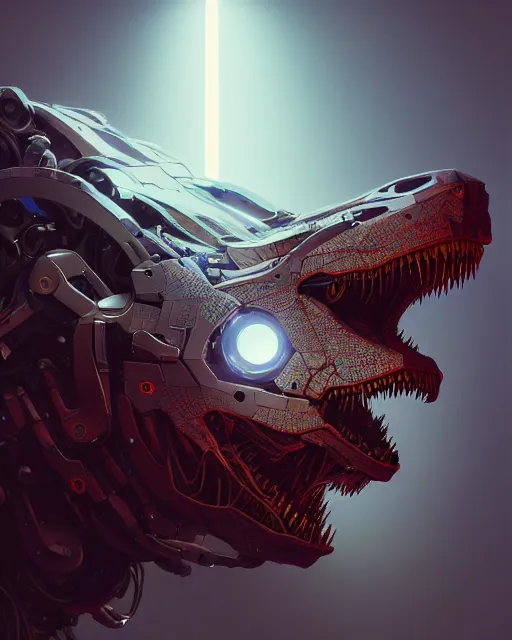 Image similar to mecha male t rex portrait, cyborg, intricate mechanical body, robot eyes, hyper realistic 3 d render by ilya kuvshinov, peter mohrbacher, greg rutkowski, ryohei hase, dramatic lighting, intricate, highly detailed, sharp focus, luminous, unreal engine, blender, artstation, masterpiece, ray tracing