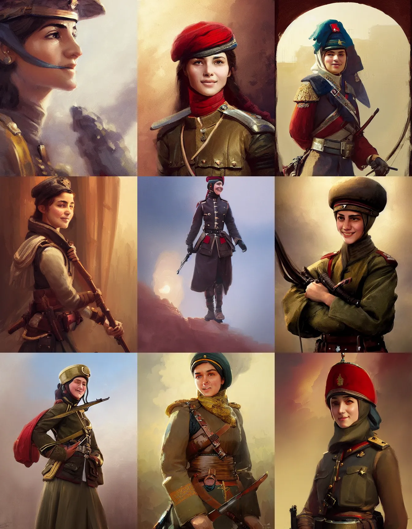 Prompt: young female ottoman soldier, smiling, digital portrait by greg rutkowski, intricate, soft focus, highly detailed, cinematic, epic, artstation