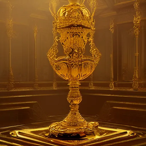 Image similar to A valuable golden object sits undamaged in the middle of an explosion damaged Victorian Art Nouveaux apartment amid the Fog of War, octane render