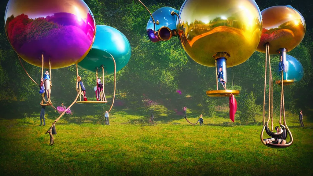 Image similar to large colorful futuristic space age metallic steampunk balloons with pipework and people on rope swings underneath, flying high over the beautiful countryside landscape, professional photography, 8 0 mm telephoto lens, realistic, detailed, digital art, unreal engine