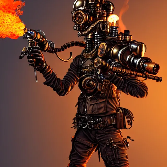 Image similar to steampunk warrior with a flamethrower, highly detailed, 8 k, hdr, award - winning, trending on artstation, clayton crain